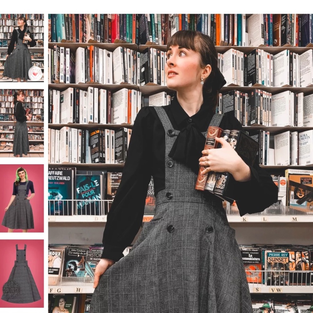 Collectif 40’s Brenda Librarian Check Pinafore Dress in Charcoal